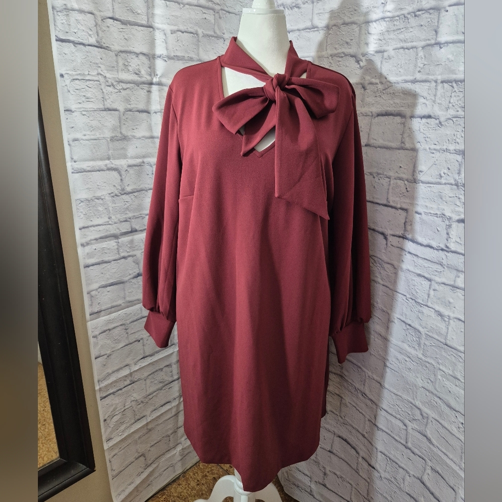 Eloquii Burgundy V-Neck Dress With Neck Ties
